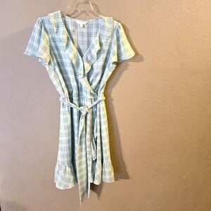 LC Lauren Conrad Womens Green Plaid Dress Flutter Sleeves Faux Wrap Ruffle Med